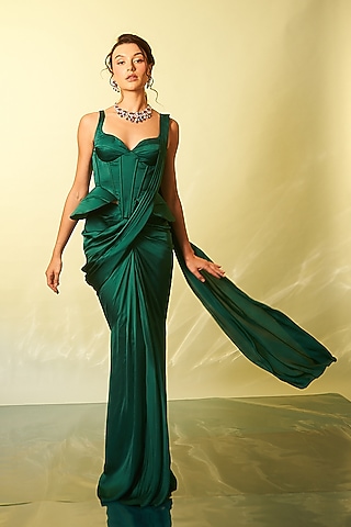 Emerald Green Satin Crepe Draped Saree Set by Anshika Tak Label