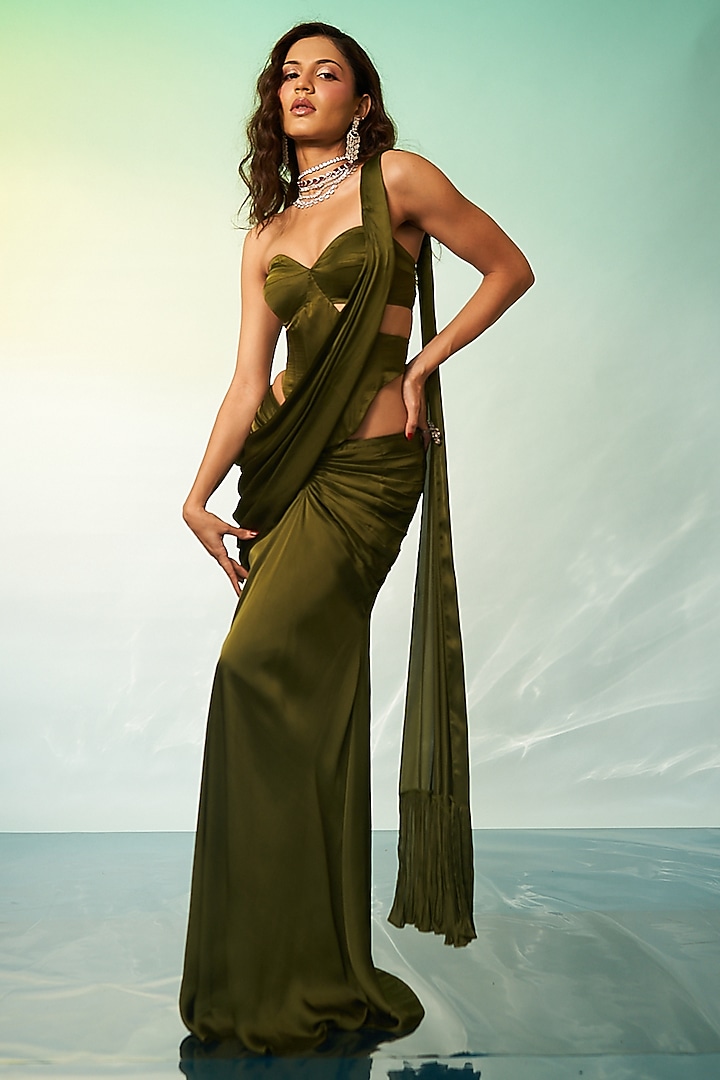 Olive Green Satin Crepe Draped Wedding Saree Set by Anshika Tak Label at Pernia's Pop Up Shop