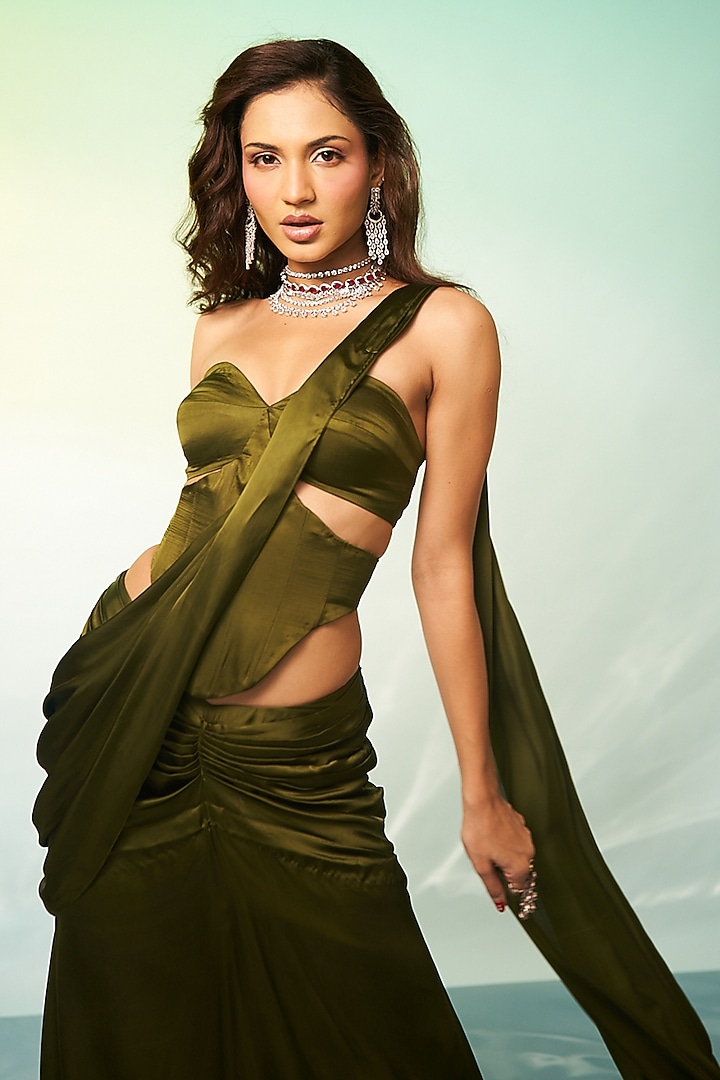 Olive Green Satin Crepe Draped Wedding Saree Set by Anshika Tak Label at Pernia's Pop Up Shop
