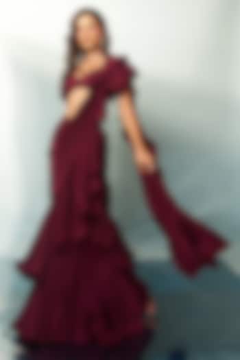Wine Crepe Draped Ruffled Wedding Saree Set by Anshika Tak Label at Pernia's Pop Up Shop