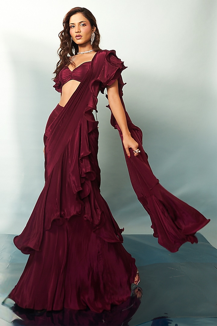 Wine Crepe Draped Ruffled Wedding Saree Set by Anshika Tak Label at Pernia's Pop Up Shop