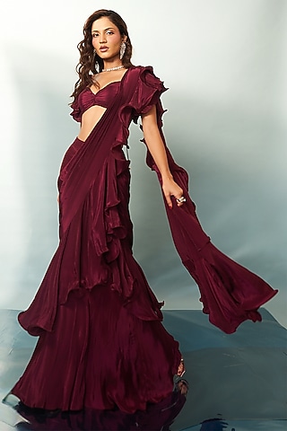 Wine Crepe Draped Ruffled Saree Set by Anshika Tak Label