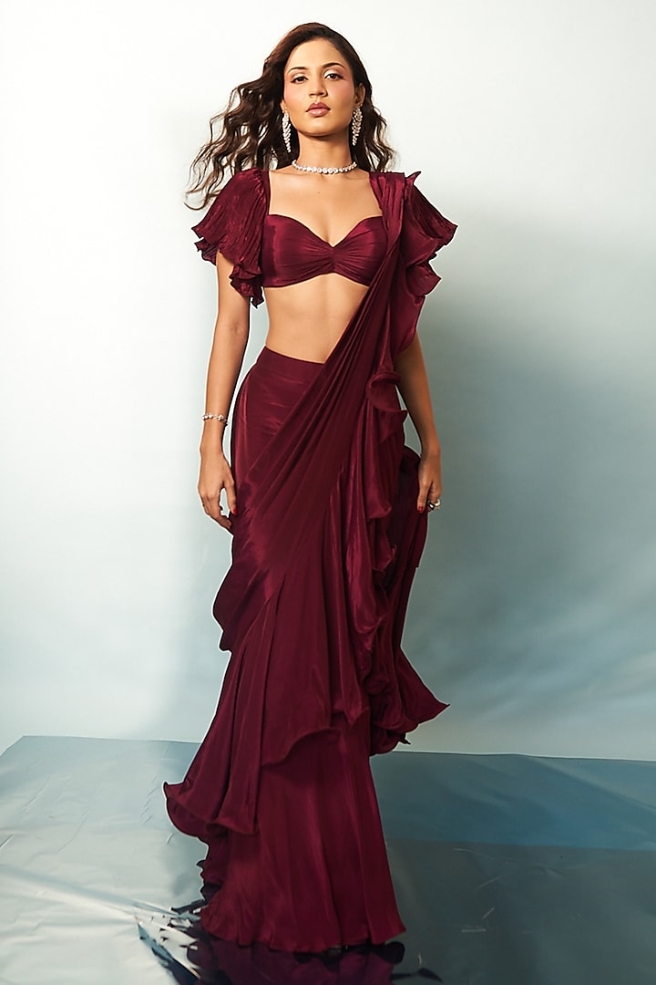 Wine Crepe Draped Ruffled Wedding Saree Set by Anshika Tak Label at Pernia's Pop Up Shop