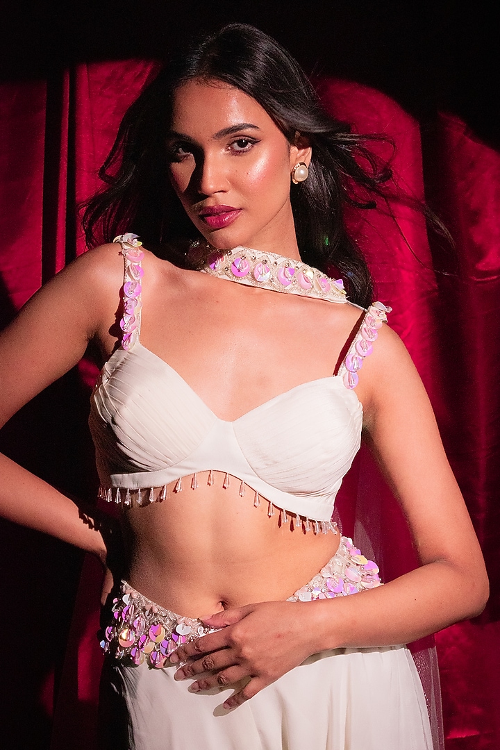 Ivory Crepe Sequins Embellished Palazzo Pant Set by Anshika Tak Label at Pernia's Pop Up Shop