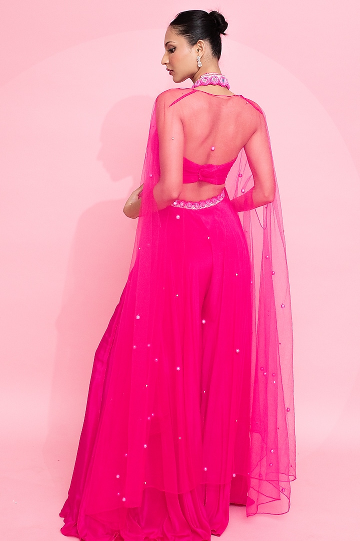 Fushia Pink Crepe Mirror Embroidered Palazzo Pant Set by Anshika Tak Label at Pernia's Pop Up Shop