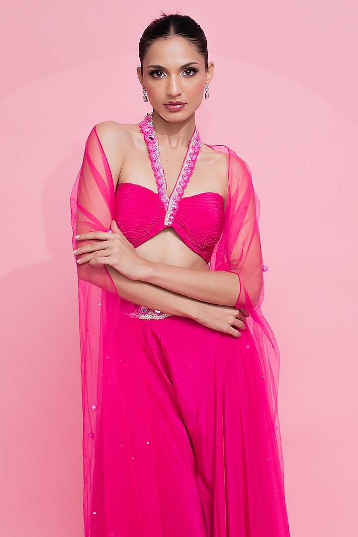Fushia Pink Crepe Mirror Embroidered Palazzo Pant Set by Anshika Tak Label at Pernia's Pop Up Shop
