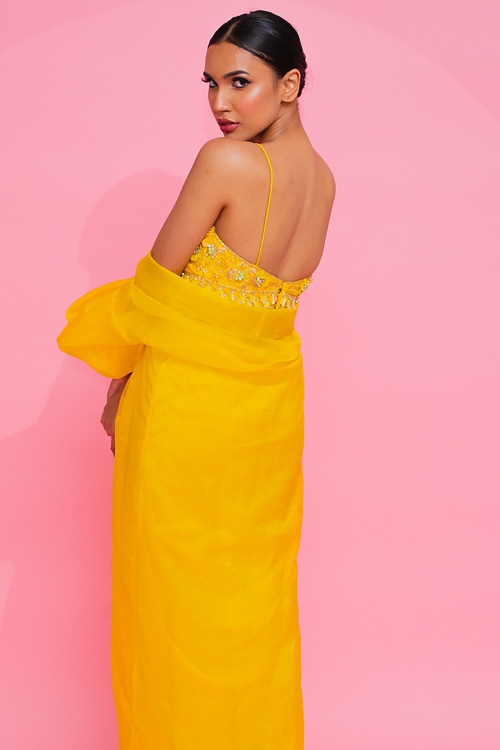 Yellow Tussar Silk Draped Skirt Set by Anshika Tak Label at Pernia's Pop Up Shop