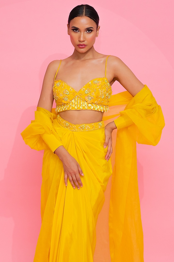 Yellow Tussar Silk Draped Skirt Set by Anshika Tak Label at Pernia's Pop Up Shop