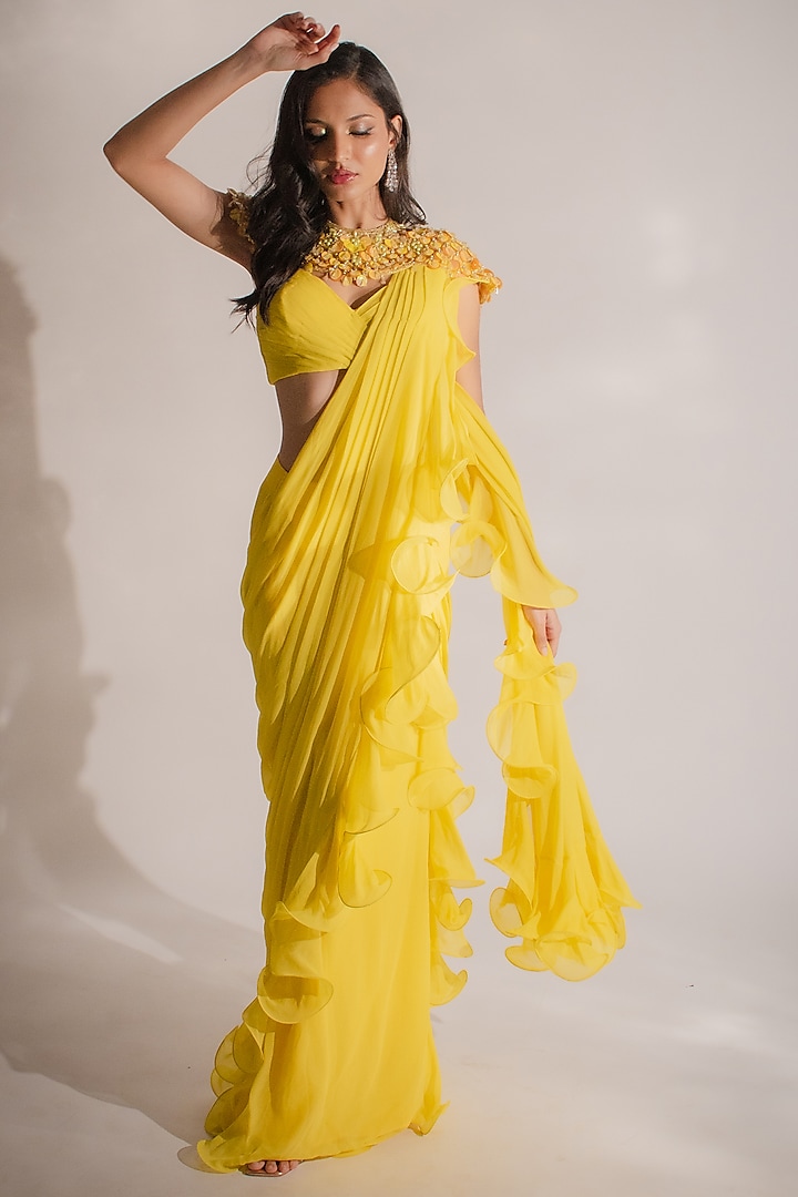 Yellow Georgette Ruffled Saree Set by Anshika Tak Label