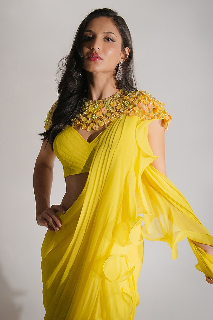 Yellow Georgette Ruffled Wedding Saree Set by Anshika Tak Label at Pernia's Pop Up Shop