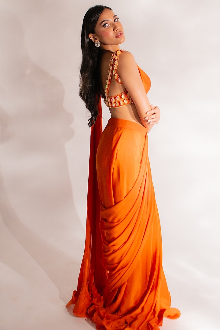 Orange Crepe Pleated Ruffled Party Wear Saree Set by Anshika Tak Label at Pernia's Pop Up Shop