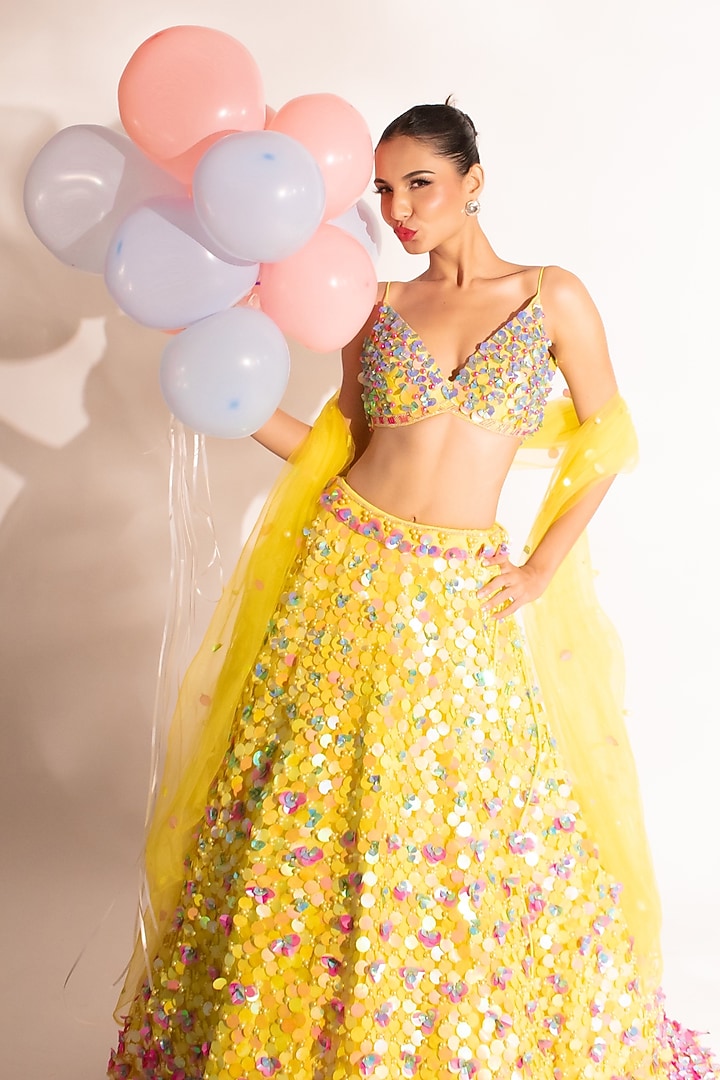 Yellow Net Sequins & Tassels Embroidered Bridal Lehenga Set by Anshika Tak Label at Pernia's Pop Up Shop