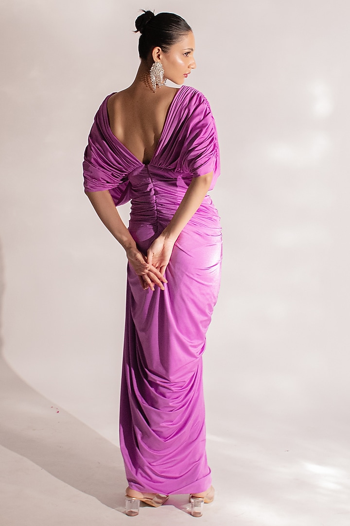 Lavender Stretch Lycra Draped Party Wear Gown by Anshika Tak Label at Pernia's Pop Up Shop