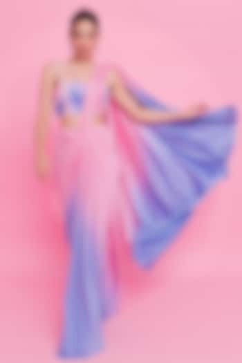 Pink & Blue Ombre Lycra Draped Saree Set by Anshika Tak Label