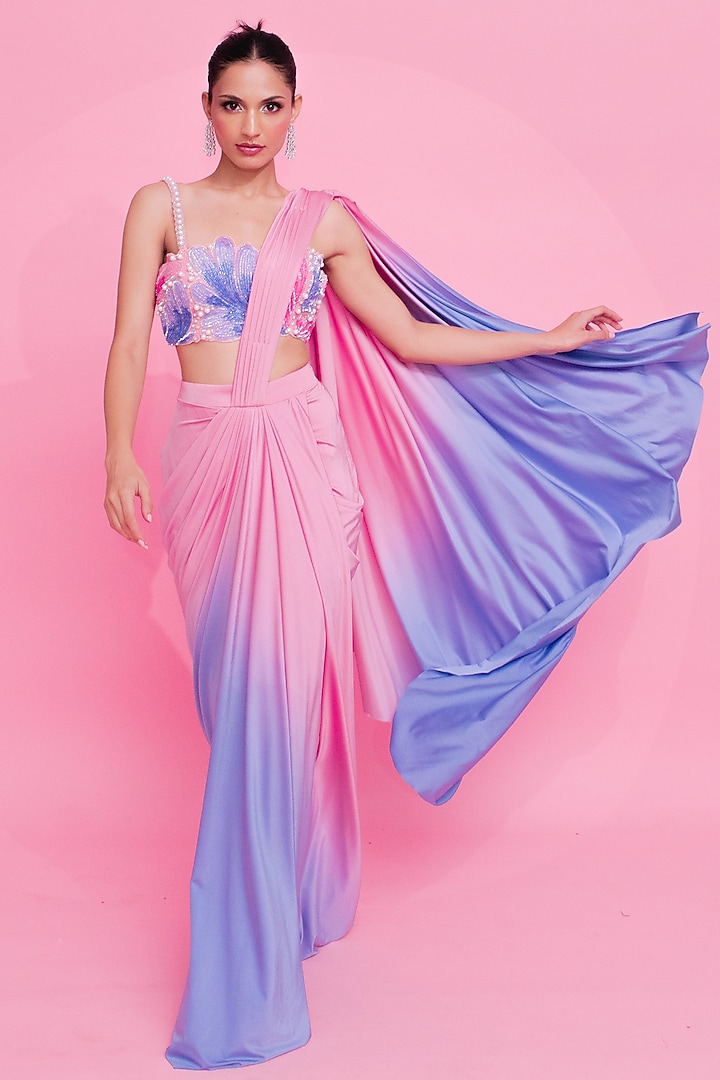 Pink & Blue Ombre Lycra Draped Saree Set by Anshika Tak Label