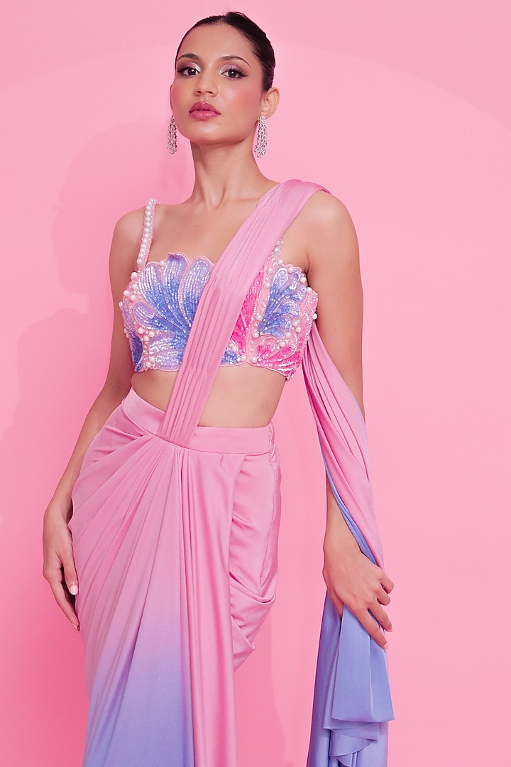 Pink house of taash sangria pre-draped saree ombre set