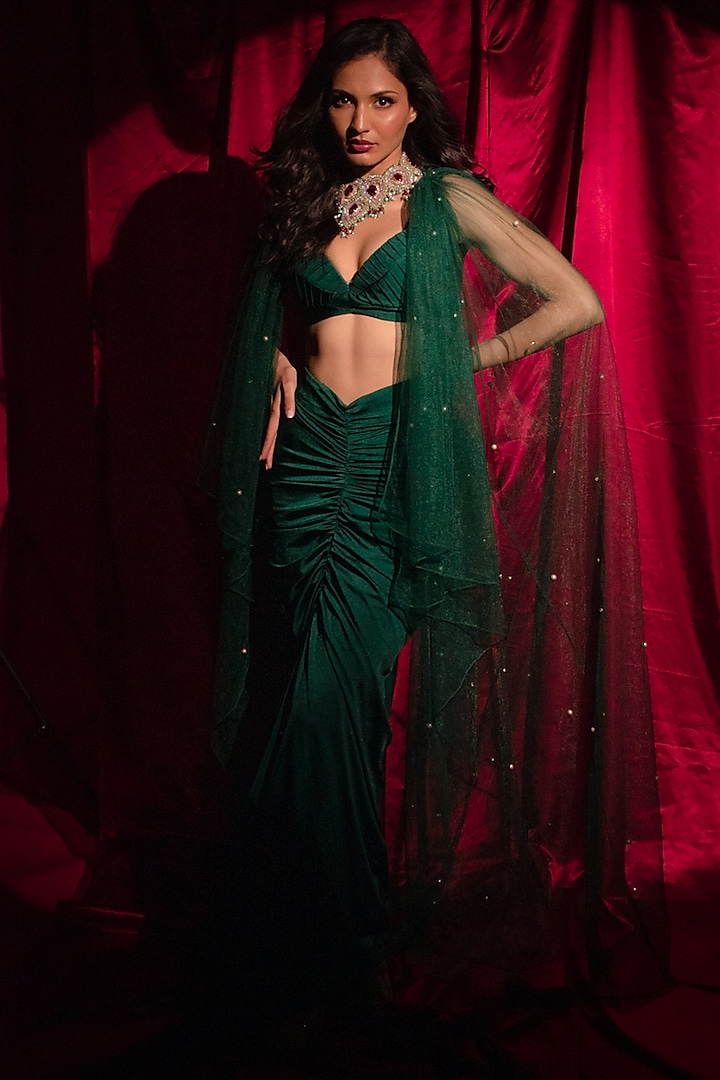 Emerald Green Lycra Gathered Skirt Set by Anshika Tak Label
