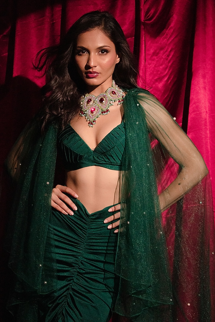 Emerald Green Lycra Gathered Skirt Set by Anshika Tak Label at Pernia's Pop Up Shop