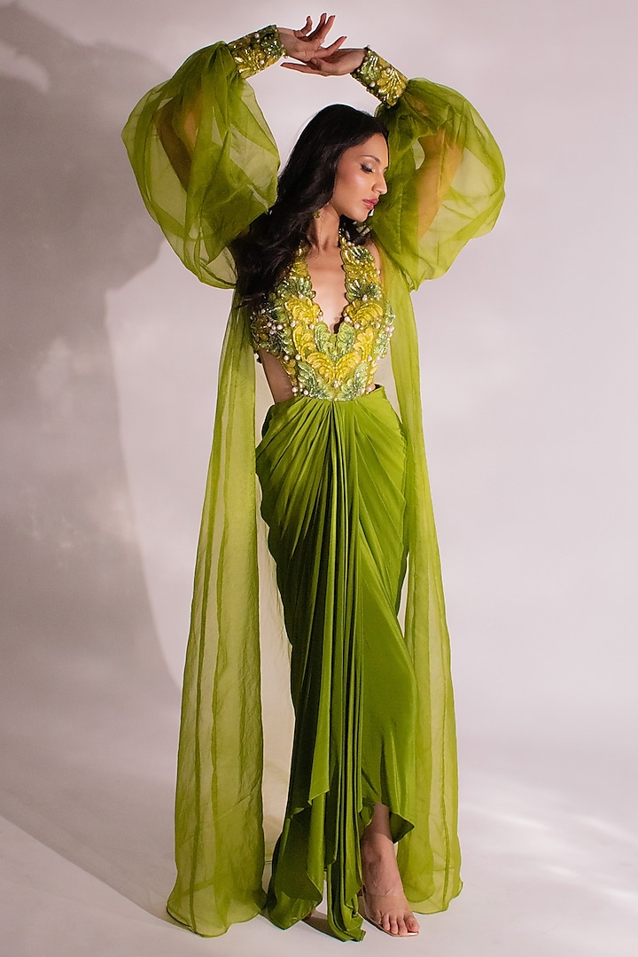 Olive Green Crepe Pearl Embroidered Maxi Dress With Jacket by Anshika Tak Label