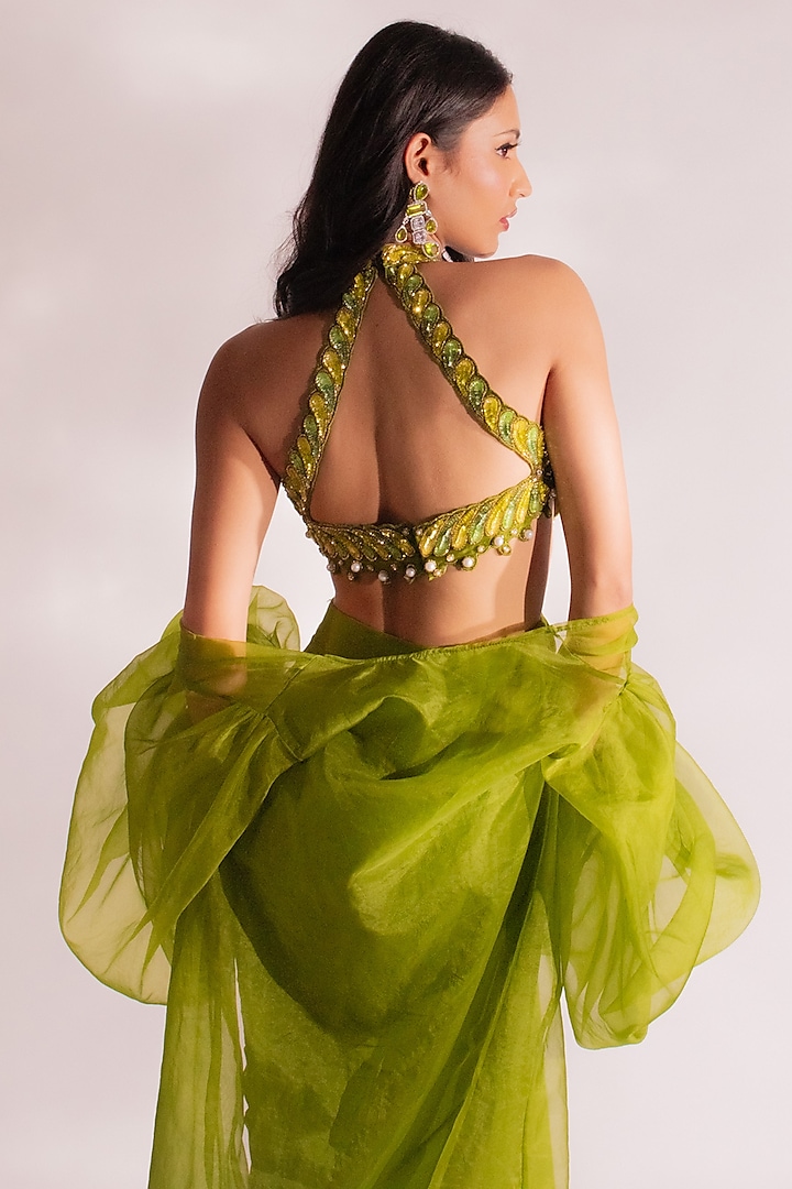 Olive Green Crepe Pearl Embroidered Maxi Cocktail Dress With Jacket by Anshika Tak Label at Pernia's Pop Up Shop