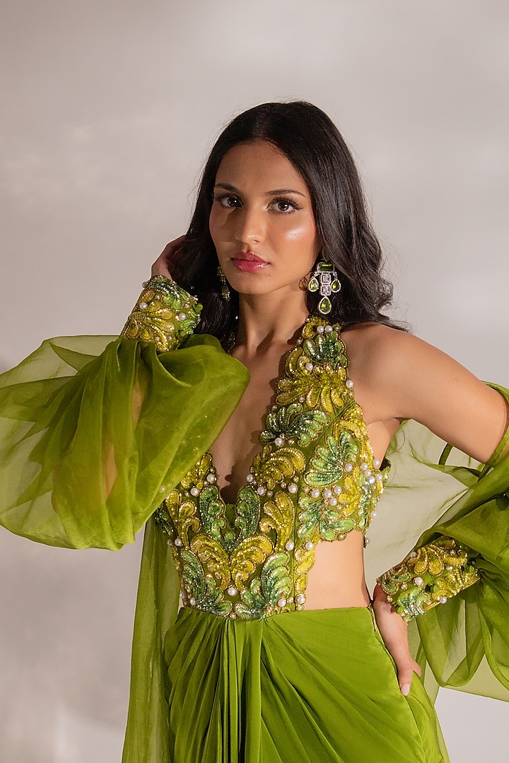 Olive Green Crepe Pearl Embroidered Maxi Cocktail Dress With Jacket by Anshika Tak Label at Pernia's Pop Up Shop