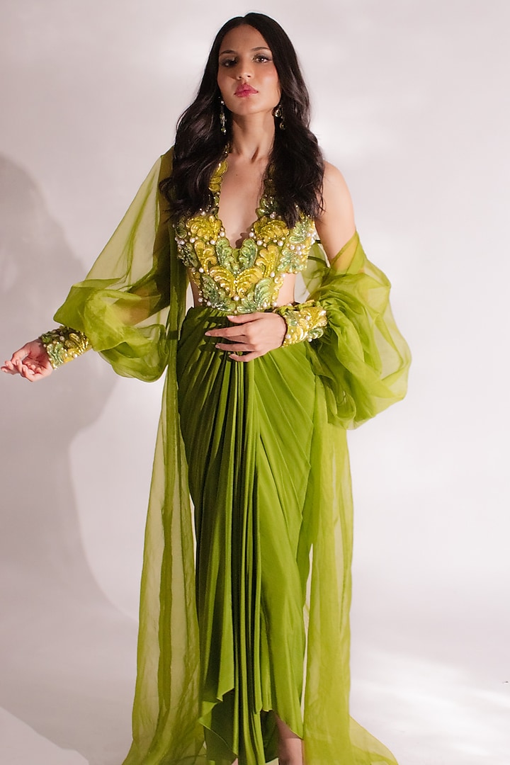 Olive Green Crepe Pearl Embroidered Maxi Cocktail Dress With Jacket by Anshika Tak Label at Pernia's Pop Up Shop