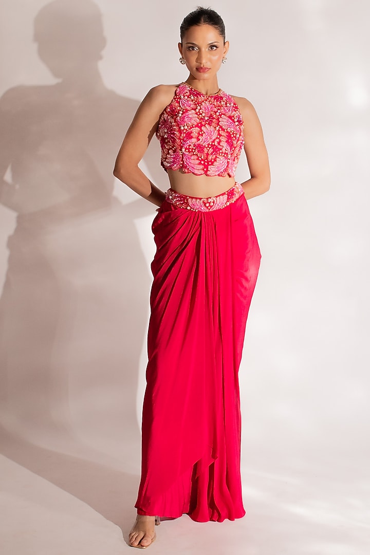 Red Crepe Draped Skirt Set by Anshika Tak Label