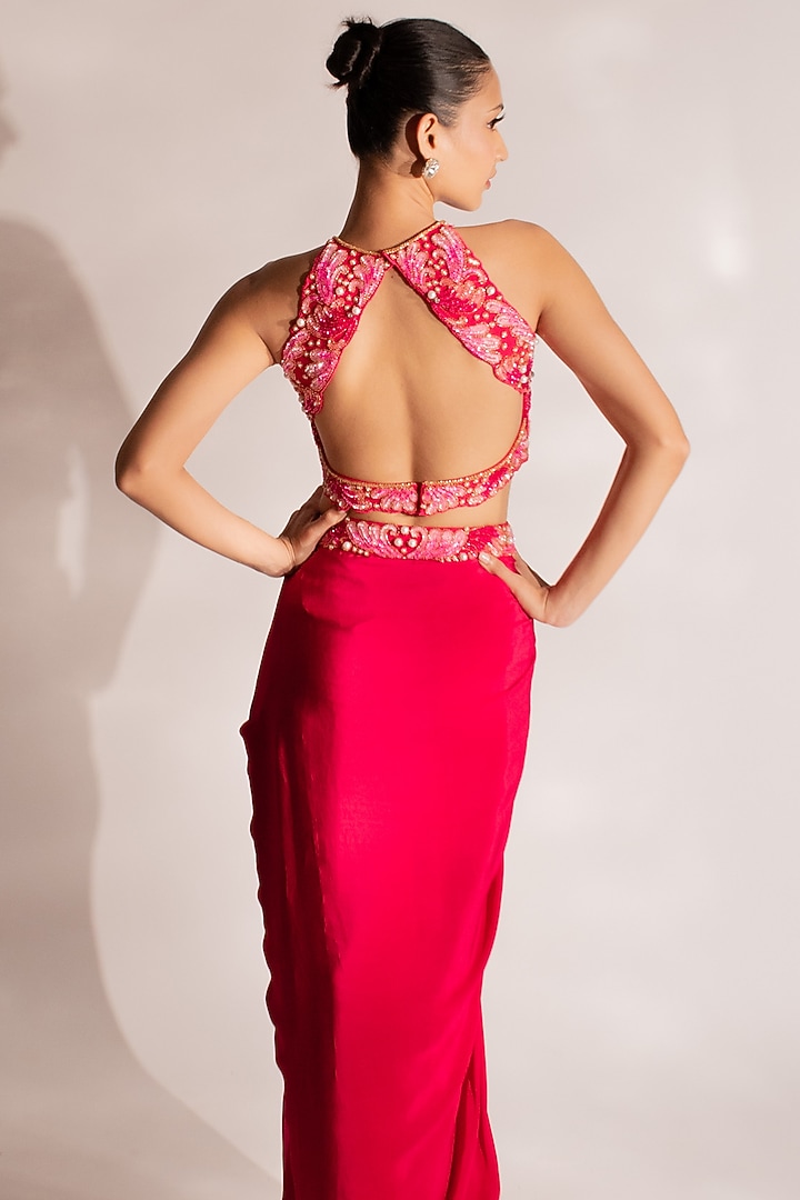Red Crepe Draped Skirt Set by Anshika Tak Label at Pernia's Pop Up Shop