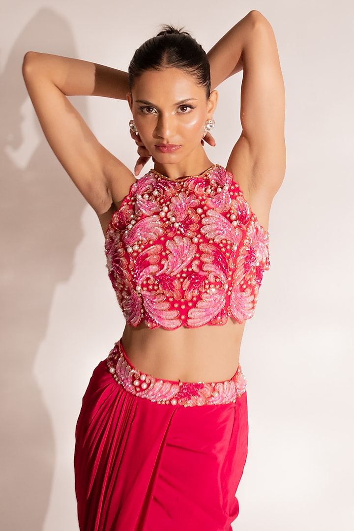 Red Crepe Draped Skirt Set by Anshika Tak Label at Pernia's Pop Up Shop