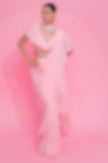 Baby Pink Crepe Ruffled Saree Set by Anshika Tak Label