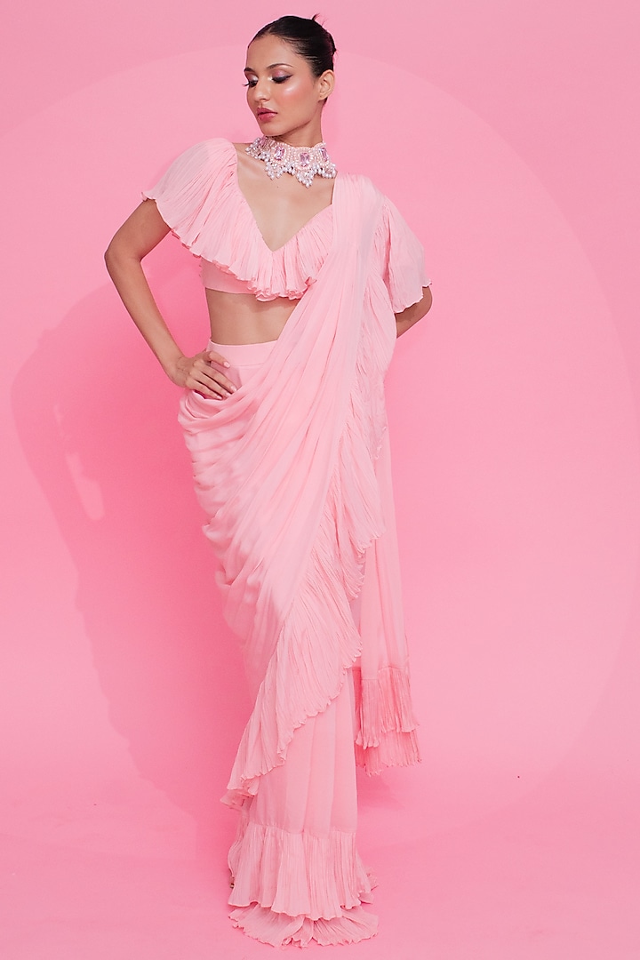 Baby Pink Crepe Ruffled Saree Set by Anshika Tak Label