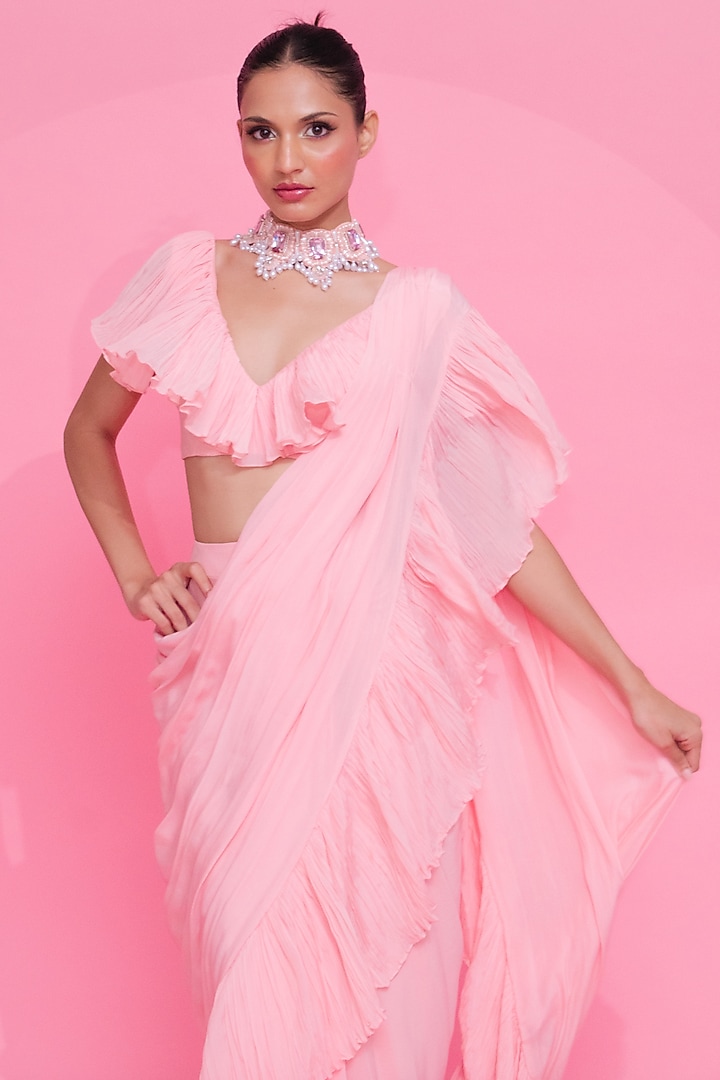 Baby Pink Crepe Ruffled Pre-Stitched Wedding Saree Set by Anshika Tak Label at Pernia's Pop Up Shop