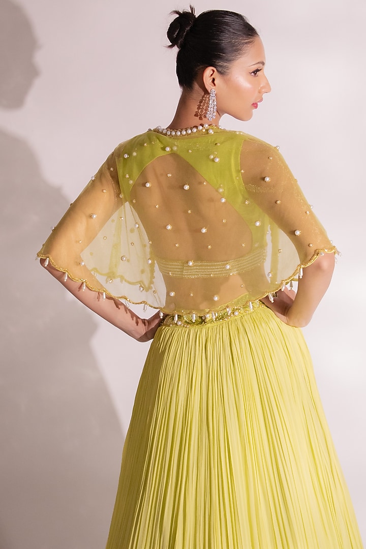 Parrot Green Georgette Jacket Wedding Lehenga Set by Anshika Tak Label at Pernia's Pop Up Shop