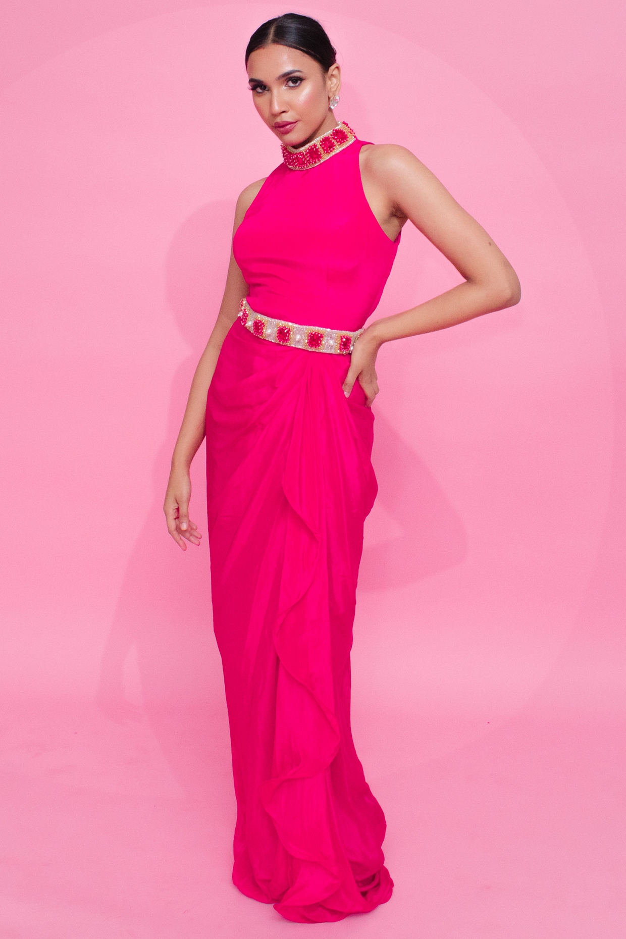 Pink Crepe Choker Maxi Dress With Belt by Anshika Tak Label at Pernia s Pop Up Shop 2024