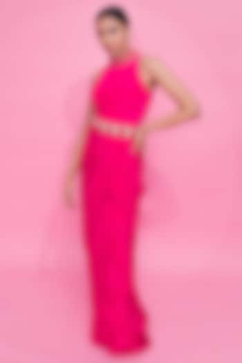 Pink Crepe Choker Maxi Dress With Belt by Anshika Tak Label