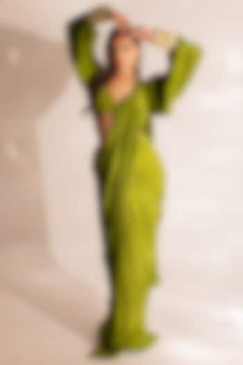 Olive Green Crepe Pre-Stitched Draped Saree Set by Anshika Tak Label