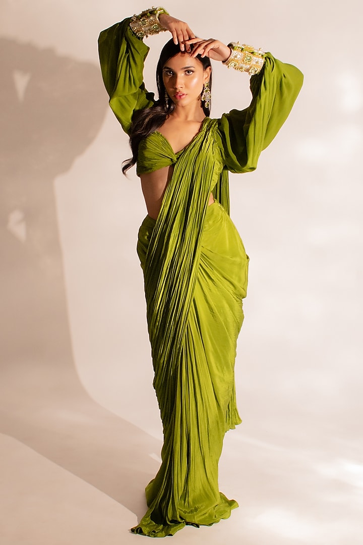 Olive Green Crepe Pre-Stitched Draped Saree Set by Anshika Tak Label