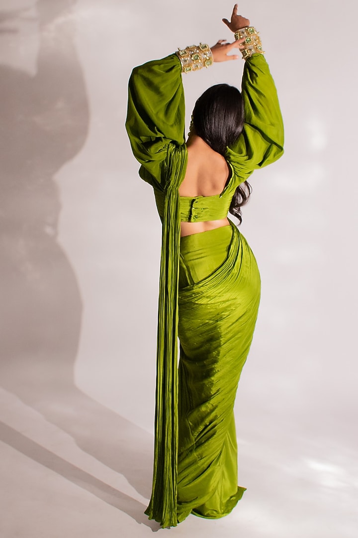 Olive Green Crepe Pre-Stitched Draped Wedding Saree Set by Anshika Tak Label at Pernia's Pop Up Shop
