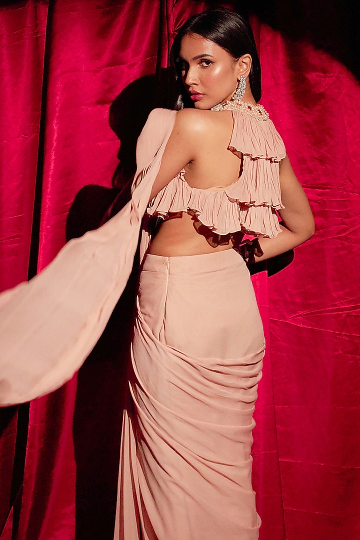 Beige Georgette Pleated Draped Party Wear Saree Set by Anshika Tak Label at Pernia's Pop Up Shop
