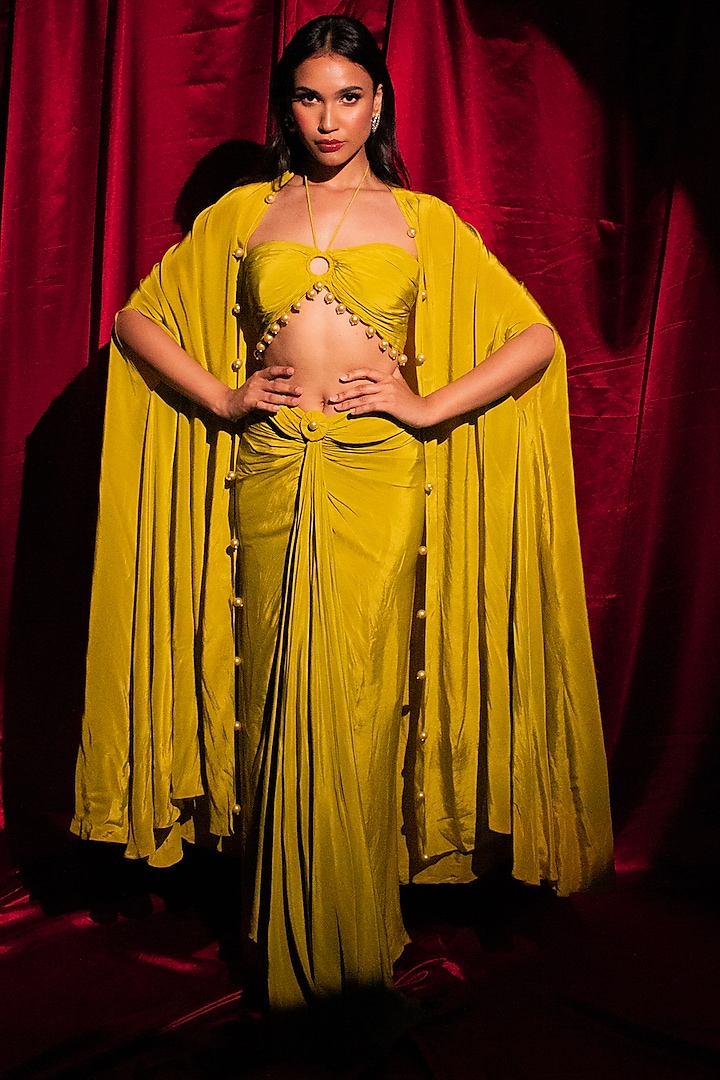 Yellow Crepe Draped Skirt Set by Anshika Tak Label