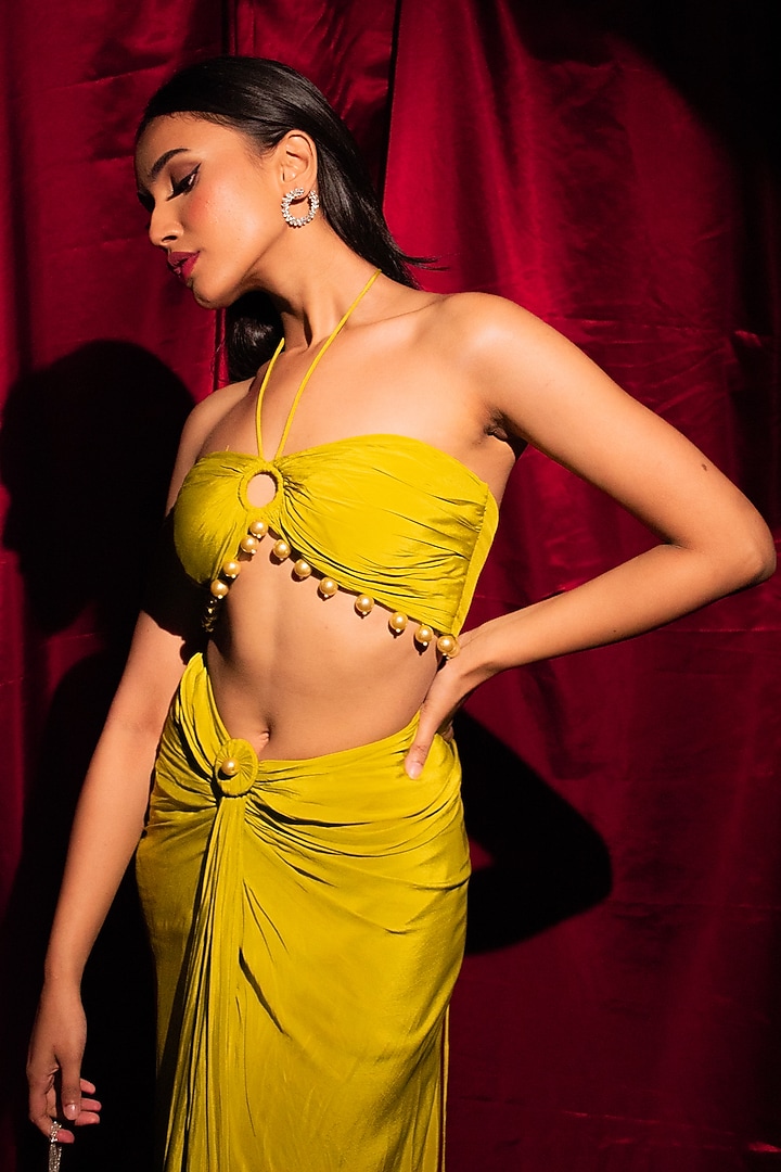 Yellow Crepe Draped Skirt Set by Anshika Tak Label at Pernia's Pop Up Shop