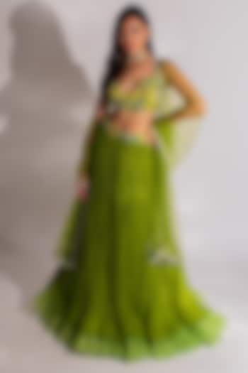 Green Georgette Ruched Lehenga Set by Anshika Tak Label