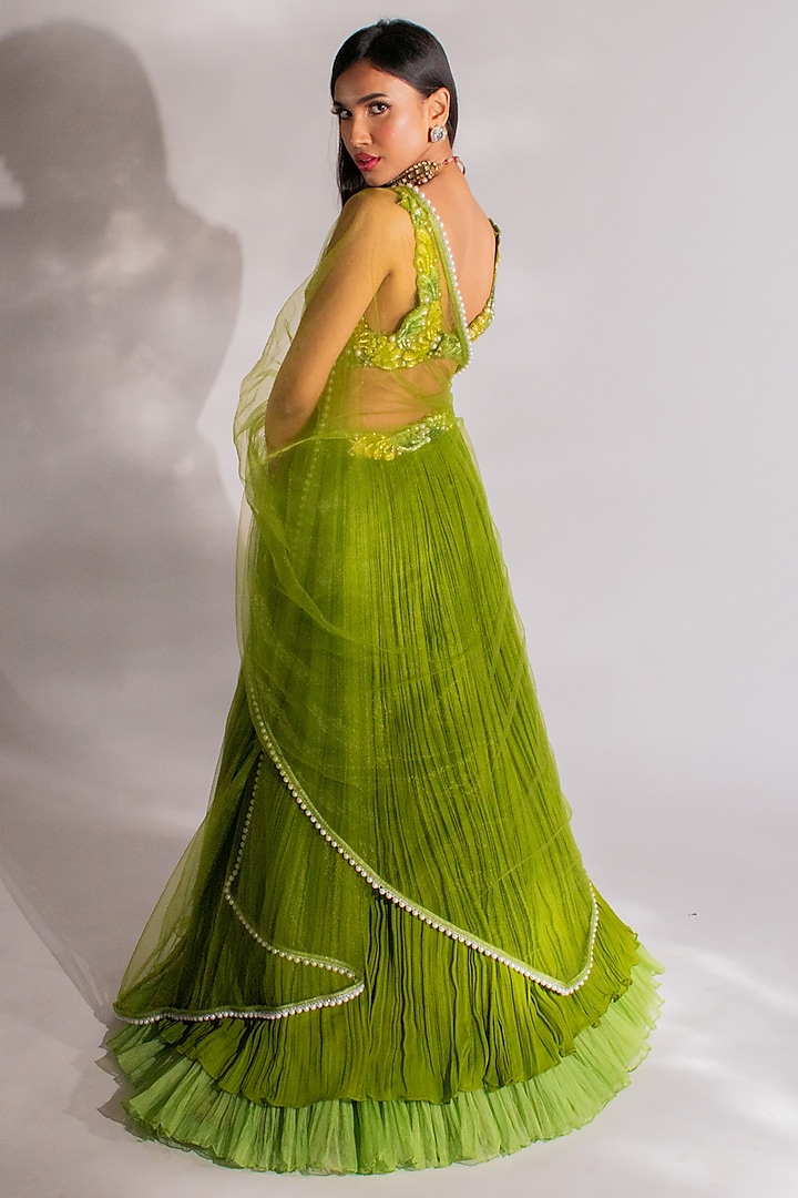 Green Georgette Ruched Wedding Lehenga Set by Anshika Tak Label at Pernia's Pop Up Shop