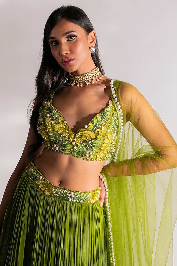 Green Georgette Ruched Wedding Lehenga Set by Anshika Tak Label at Pernia's Pop Up Shop