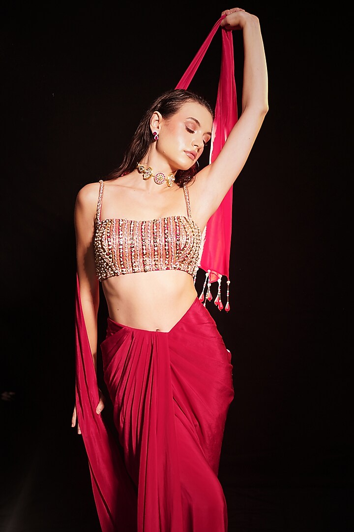 Red Crepe Draped Skirt Set by Anshika Tak Label at Pernia's Pop Up Shop