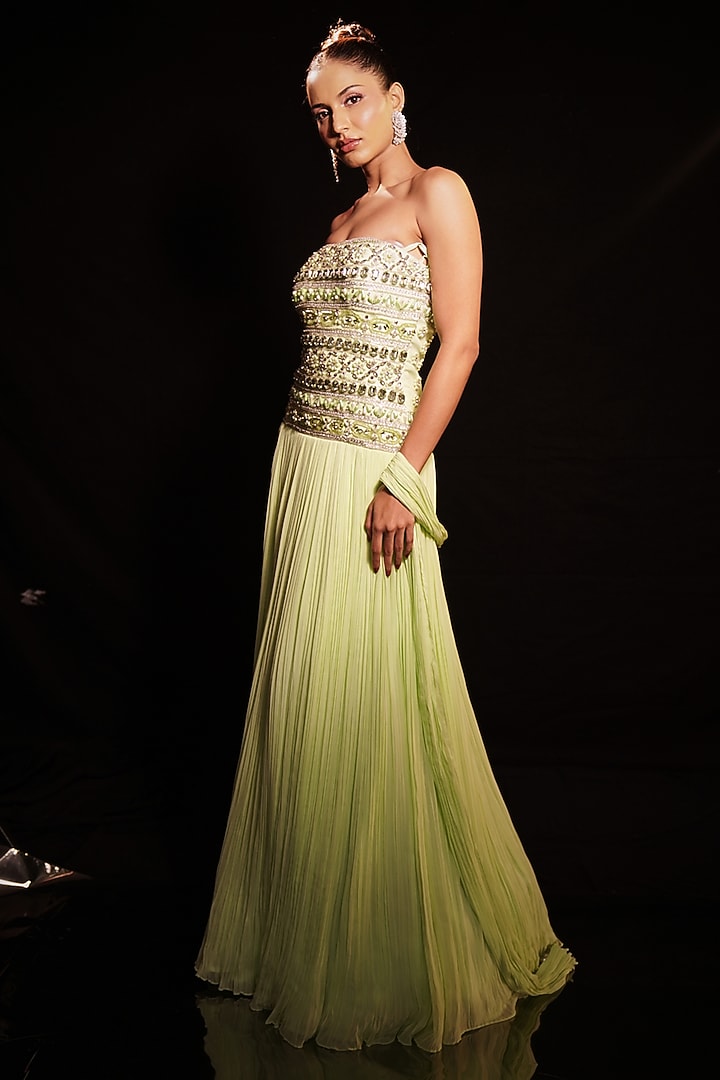 Pastel Green Georgette & Net Embellished Engagement Gown by Anshika Tak Label at Pernia's Pop Up Shop