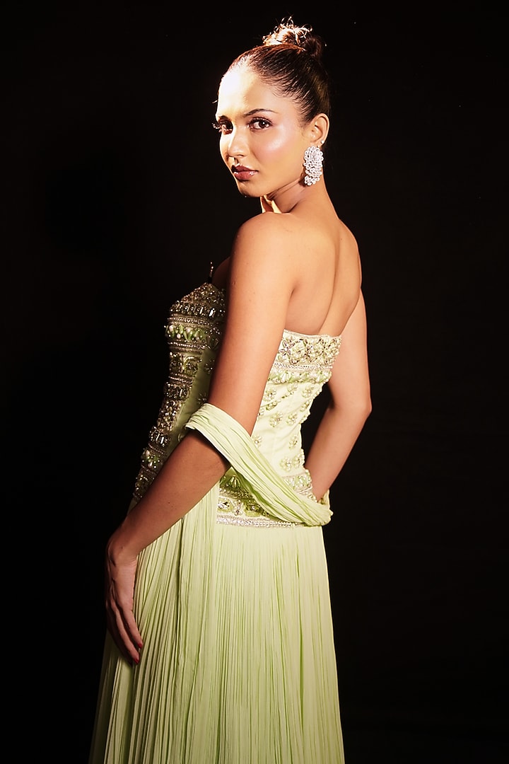 Pastel Green Georgette & Net Embellished Engagement Gown by Anshika Tak Label at Pernia's Pop Up Shop