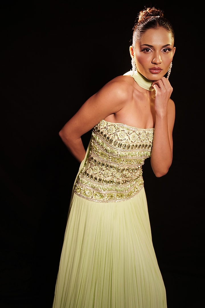 Pastel Green Georgette & Net Embellished Engagement Gown by Anshika Tak Label at Pernia's Pop Up Shop