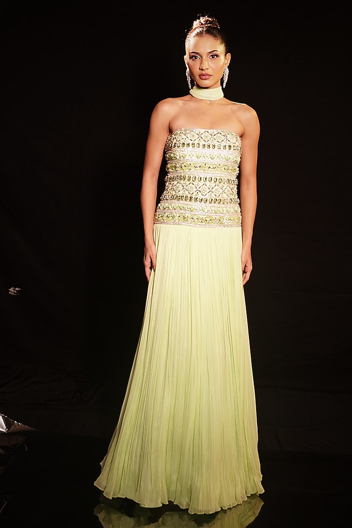 Pastel Green Georgette & Net Embellished Engagement Gown by Anshika Tak Label at Pernia's Pop Up Shop