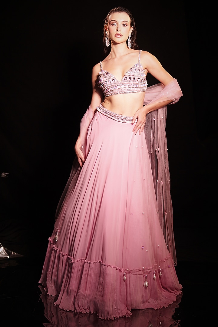 Fresh Pink Georgette Ruffle Wedding Lehenga Set by Anshika Tak Label at Pernia's Pop Up Shop